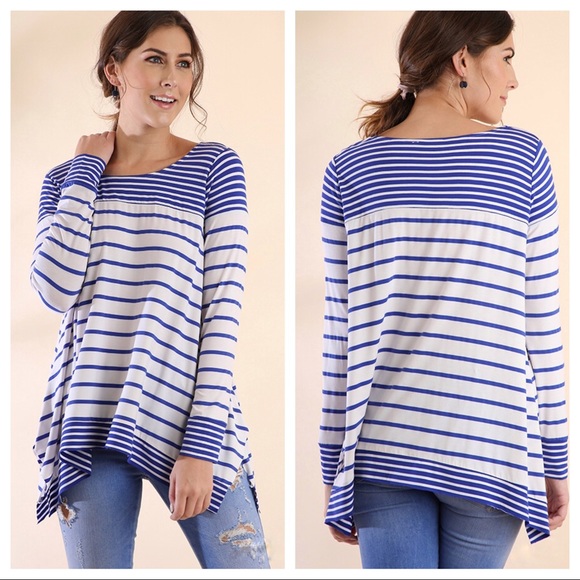 Umgee Tops - White/Cobalt Striped Long Sleeve Scoop Neck Top